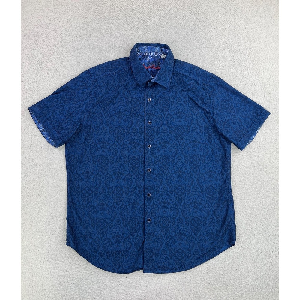 Robert Graham Shirt Men's XL Blue Paisley Short Sleeve Button Up Cotton Casual